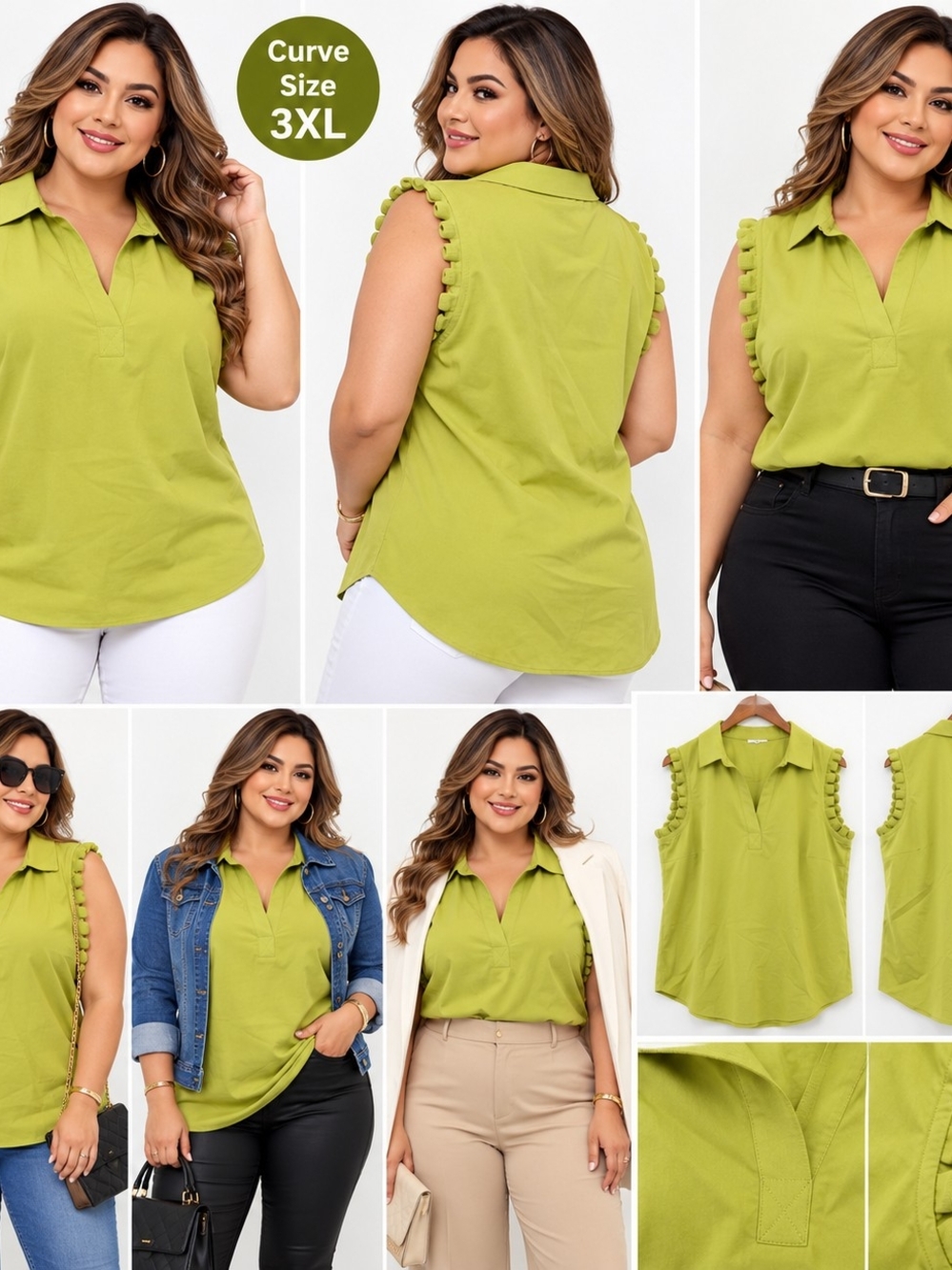 DR2 Lime Green Sleeveless Collared Tank with Pom Trim - Curve 3XL